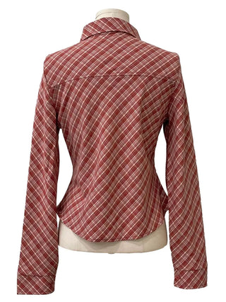 Suet check collar flap pocket rolled long sleeve shirt blouse