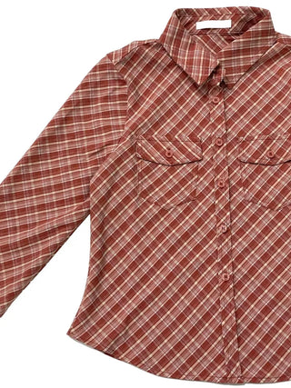 Suet check collar flap pocket rolled long sleeve shirt blouse