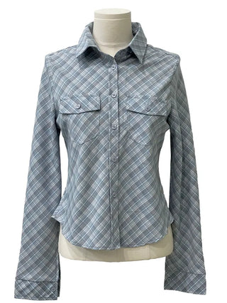 Suet check collar flap pocket rolled long sleeve shirt blouse
