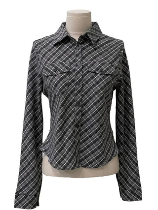 Suet check collar flap pocket rolled long sleeve shirt blouse