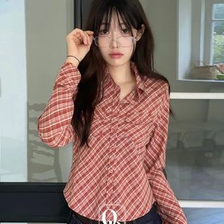 Suet check collar flap pocket rolled long sleeve shirt blouse