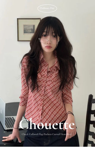 Suet check collar flap pocket rolled long sleeve shirt blouse