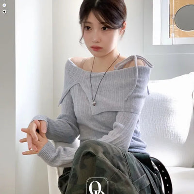 Lovely Ribbon Team Off-Shoulder Golji Long Sleeve Knit