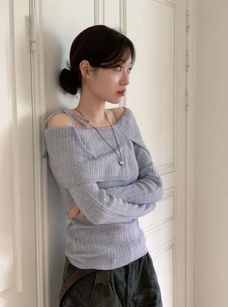 Lovely Ribbon Team Off-Shoulder Golji Long Sleeve Knit