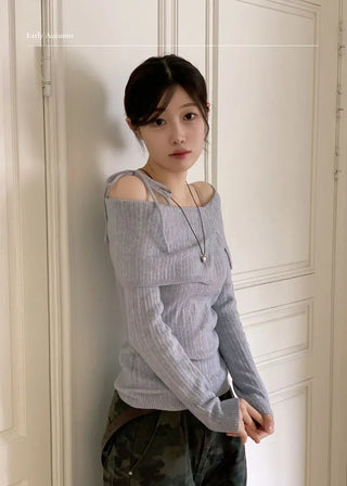 Lovely Ribbon Team Off-Shoulder Golji Long Sleeve Knit