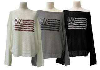 Aeroa Vintage Print Boat Off-Shoulder Loose Long Sleeve Knit