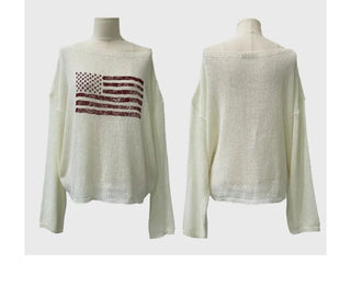 Aeroa Vintage Print Boat Off-Shoulder Loose Long Sleeve Knit