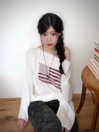 Aeroa Vintage Print Boat Off-Shoulder Loose Long Sleeve Knit