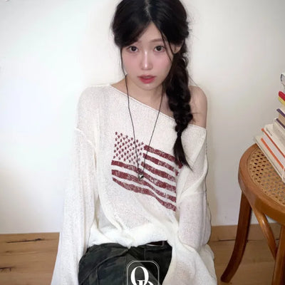 Aeroa Vintage Print Boat Off-Shoulder Loose Long Sleeve Knit
