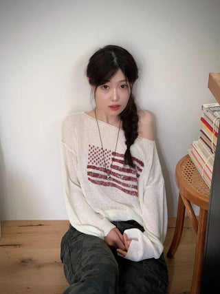 Aeroa Vintage Print Boat Off-Shoulder Loose Long Sleeve Knit