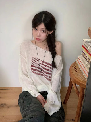 Aeroa Vintage Print Boat Off-Shoulder Loose Long Sleeve Knit