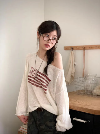 Aeroa Vintage Print Boat Off-Shoulder Loose Long Sleeve Knit