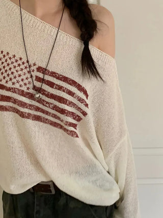 Aeroa Vintage Print Boat Off-Shoulder Loose Long Sleeve Knit