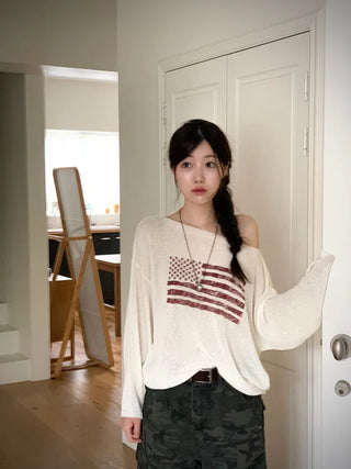 Aeroa Vintage Print Boat Off-Shoulder Loose Long Sleeve Knit