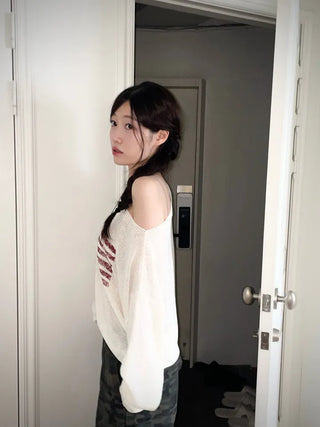 Aeroa Vintage Print Boat Off-Shoulder Loose Long Sleeve Knit