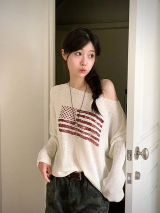 Aeroa Vintage Print Boat Off-Shoulder Loose Long Sleeve Knit