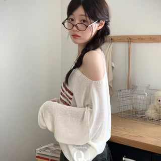 Aeroa Vintage Print Boat Off-Shoulder Loose Long Sleeve Knit