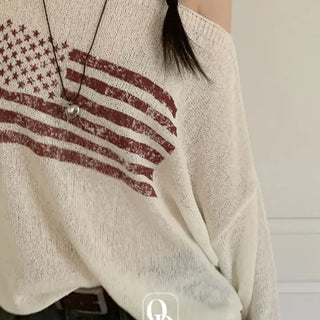 Aeroa Vintage Print Boat Off-Shoulder Loose Long Sleeve Knit