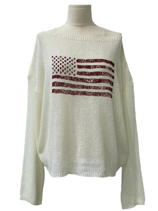 Aeroa Vintage Print Boat Off-Shoulder Loose Long Sleeve Knit