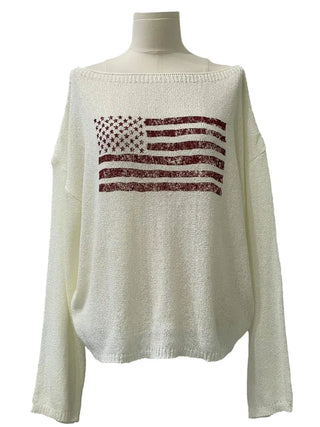 Aeroa Vintage Print Boat Off-Shoulder Loose Long Sleeve Knit