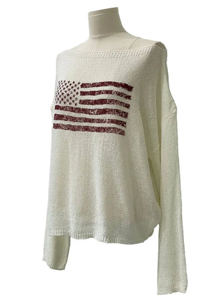 Aeroa Vintage Print Boat Off-Shoulder Loose Long Sleeve Knit