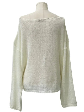 Aeroa Vintage Print Boat Off-Shoulder Loose Long Sleeve Knit