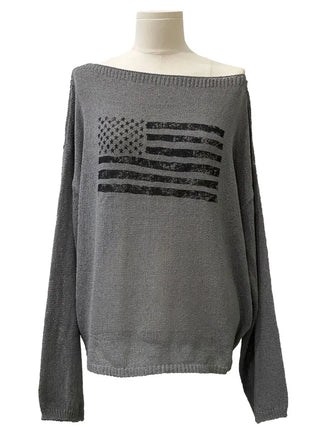 Aeroa Vintage Print Boat Off-Shoulder Loose Long Sleeve Knit