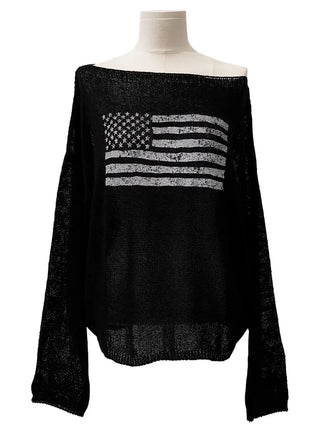 Aeroa Vintage Print Boat Off-Shoulder Loose Long Sleeve Knit