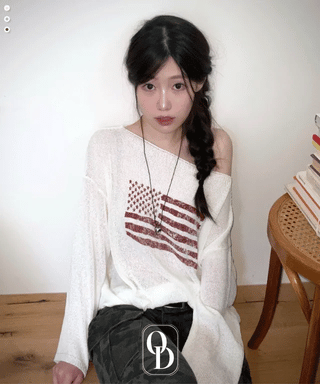 Aeroa Vintage Print Boat Off-Shoulder Loose Long Sleeve Knit