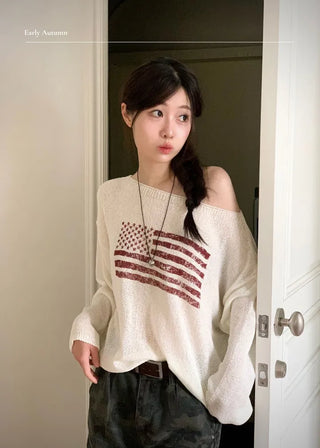 Aeroa Vintage Print Boat Off-Shoulder Loose Long Sleeve Knit