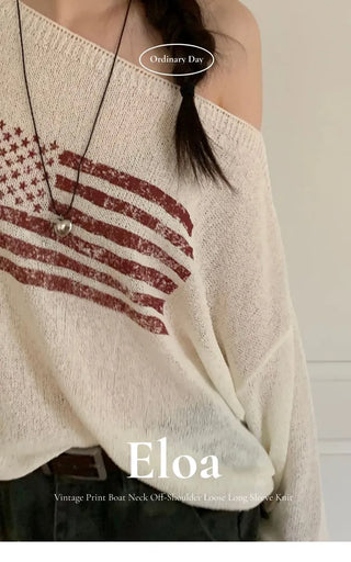 Aeroa Vintage Print Boat Off-Shoulder Loose Long Sleeve Knit