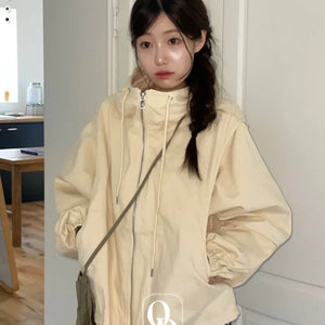 Komorebi high-neck hem string loose-fit hooded zip-up jumper