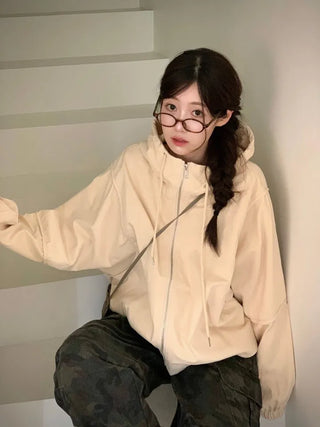 Komorebi high-neck hem string loose-fit hooded zip-up jumper