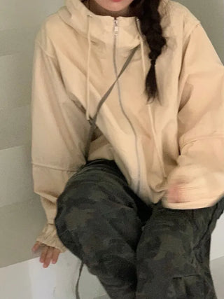 Komorebi high-neck hem string loose-fit hooded zip-up jumper