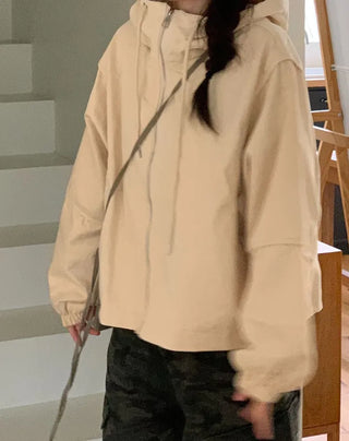 Komorebi high-neck hem string loose-fit hooded zip-up jumper