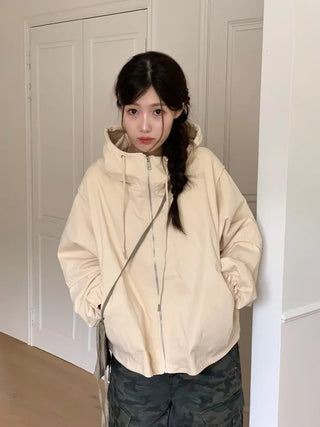 Komorebi high-neck hem string loose-fit hooded zip-up jumper