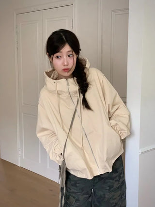 Komorebi high-neck hem string loose-fit hooded zip-up jumper