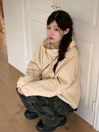 Komorebi high-neck hem string loose-fit hooded zip-up jumper