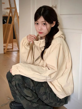 Komorebi high-neck hem string loose-fit hooded zip-up jumper