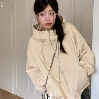 Komorebi high-neck hem string loose-fit hooded zip-up jumper