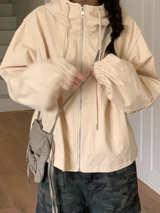 Komorebi high-neck hem string loose-fit hooded zip-up jumper