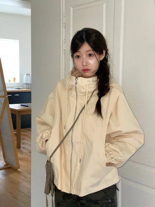 Komorebi high-neck hem string loose-fit hooded zip-up jumper