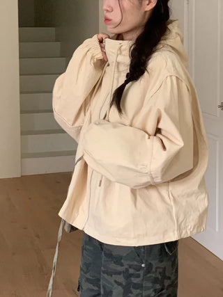 Komorebi high-neck hem string loose-fit hooded zip-up jumper