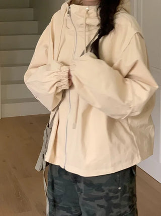 Komorebi high-neck hem string loose-fit hooded zip-up jumper
