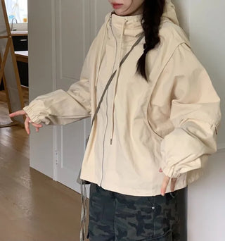 Komorebi high-neck hem string loose-fit hooded zip-up jumper