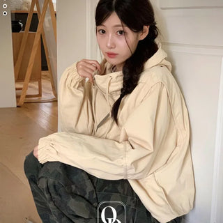 Komorebi high-neck hem string loose-fit hooded zip-up jumper