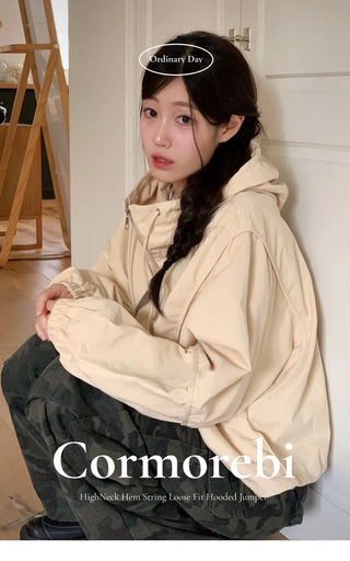 Komorebi high-neck hem string loose-fit hooded zip-up jumper