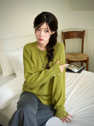 Willow Loose Fit Round Neck Long Sleeve Button Wool Knit