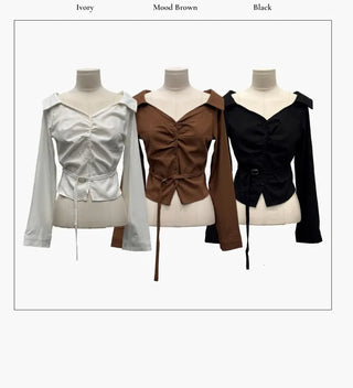 Devel belt strap slim fit collar neck off-shoulder shirring blouse in