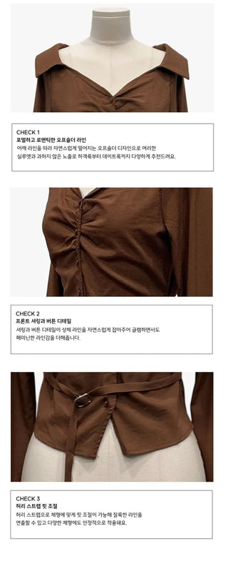 Devel belt strap slim fit collar neck off-shoulder shirring blouse in